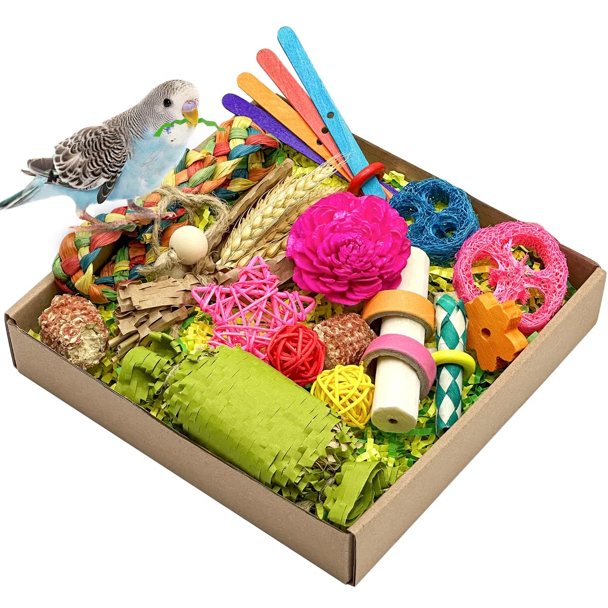 Natürliches Vogelspielzeug, Futtersuche, Papageien, Schreddern, Spielzeug für Nymphensittiche, Sittiche, Wellensittiche, kleine und mittelgroße Vögel (bunt)