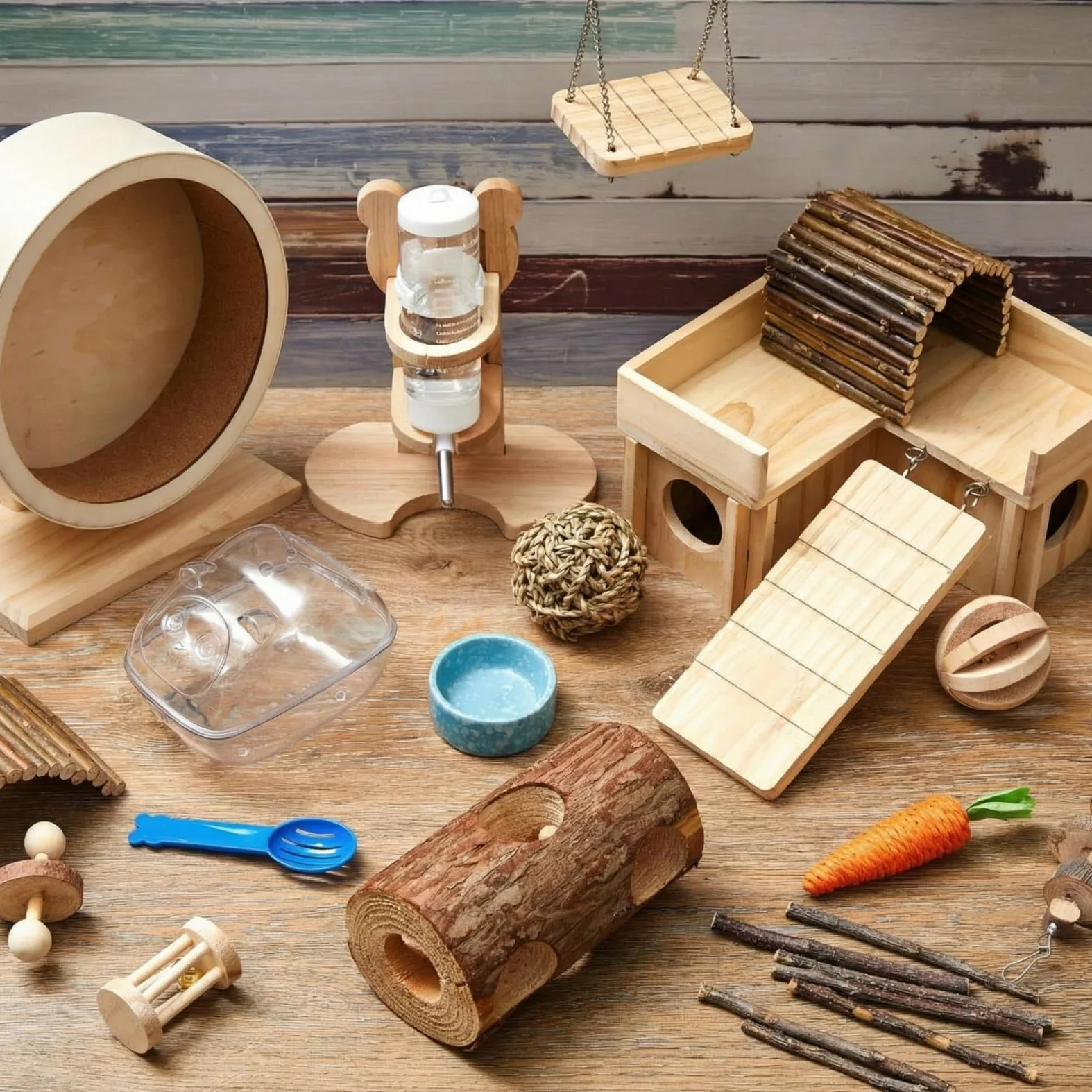 Hamsterspielzeug-Set, 19-teilig, Holz, versteckt, Baumstamm, Tunnel, Rohr, leises Training, Laufräder, Wasserflaschen-Set, Sandbadschale, 10 Arten, Kauspielzeug für Hamster, Lebensraum