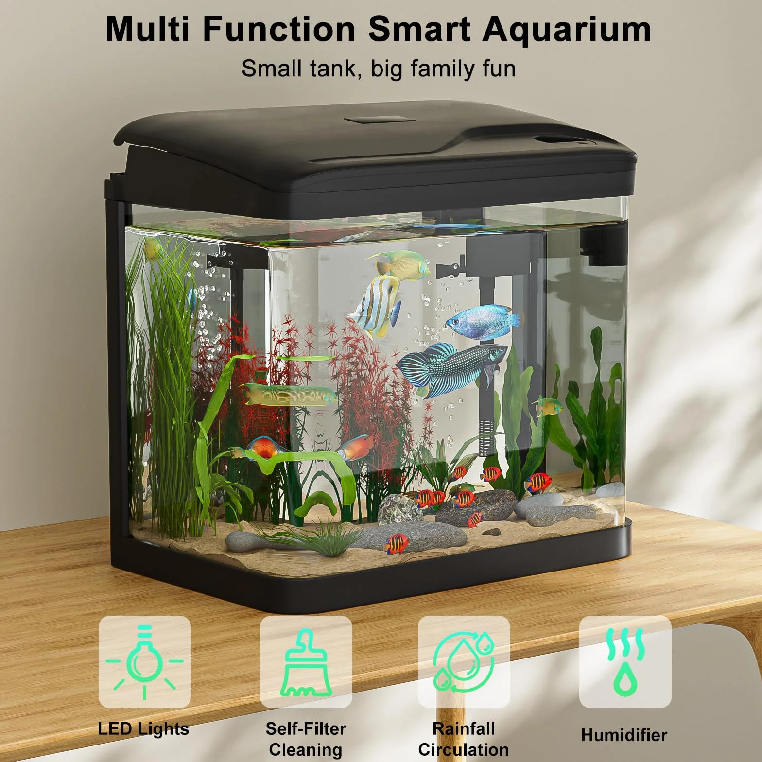 Aquarium Komplettset, Ambesty 15L Nano Aquarium Stabiles Einsteigerbecken mit LED-Beleuchtung und Eingebautem Filtersystem,4-in-1 Smart Aquariums für Fisch, Aquariu Becken stoßfest,Schwarz