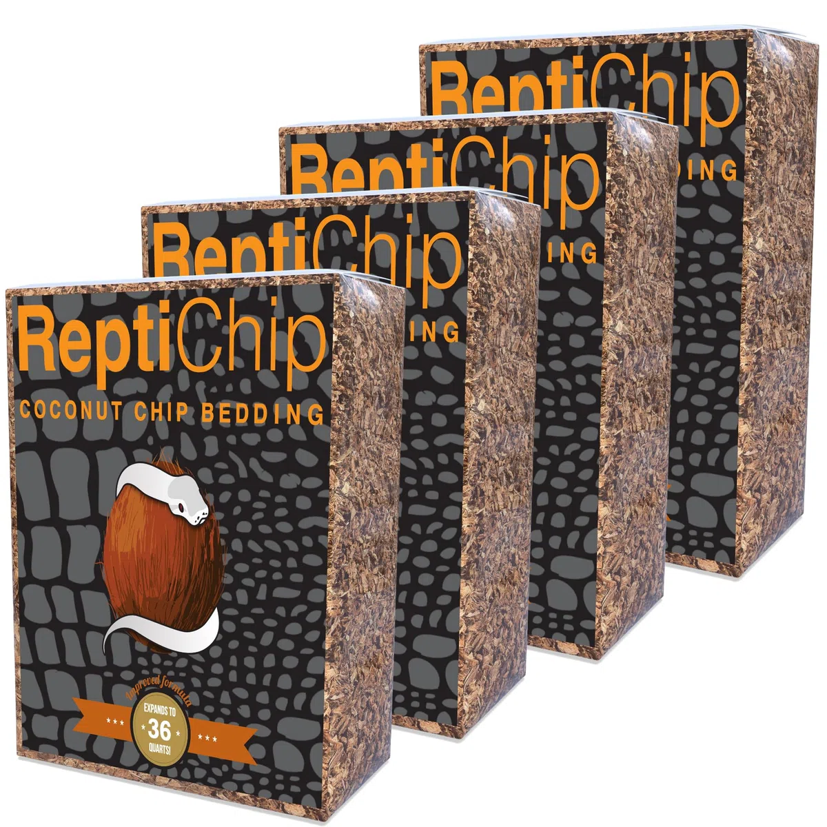 ReptiChip Coconut Substrate for Reptiles 4 Pack of 36 Quart Loose Coarse Coconut Husk Chip Reptile Bedding for Ball Pythons, Tortoises, Geckos, Frogs, Snakes or Lizard Terrarium Tanks