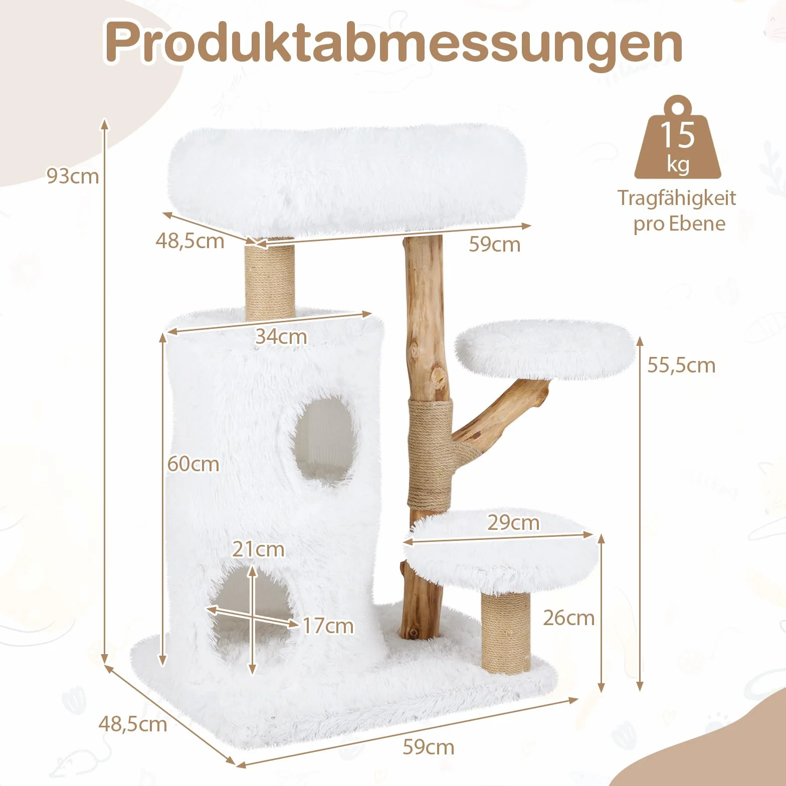 GOPLUS Kratzbaum Holz, Katzenbaum 93 cm mit 2 Höhle, Kratzstamm aus natürlichem Jute, 3 Plattformen, Massive Holzstütze & Weiche Kissen, Kletterbaum für Katzen, Indoor Katzenmöbel, Weiß + Natur