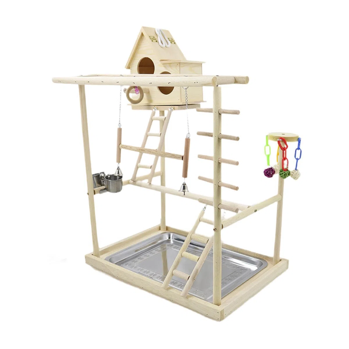 Interaktiver Vogelspielplatz mit DREI Ebenen, Sitzstangen und Leitern für optimale Bewegung Kleiner Vögel – ideal zum Klettern und Spielen.