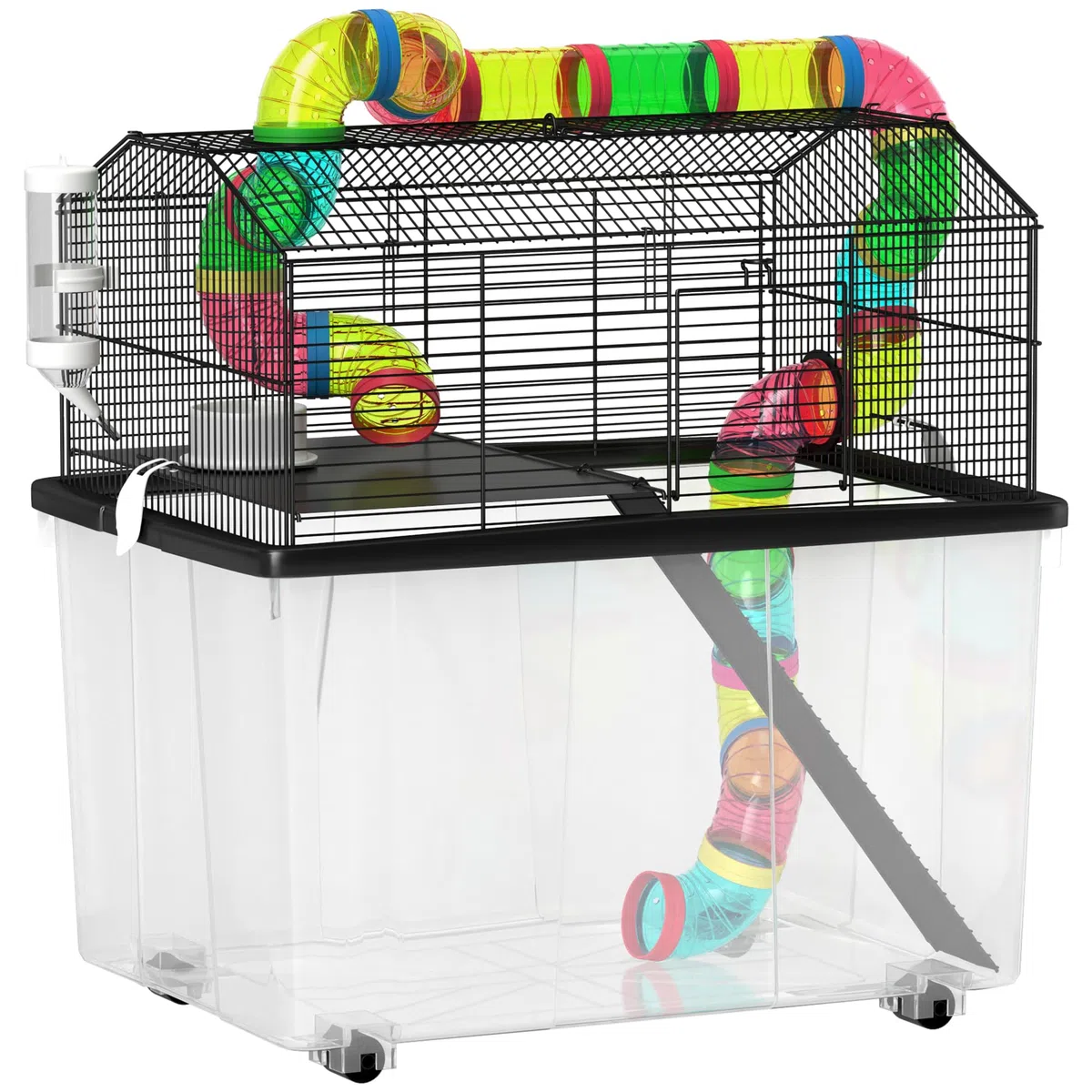 PawHut Hamsterkäfig, 2-stöckiger Gerbil-Käfig mit 31cm tiefer Wanne, Röhrensystem, Wasserflasche, Rampe, Futternapf, 58 x 43 x 57cm, mehrfarbig | 31 cm tiefe Schale, Rohrsystem, Wasserflasche, Rampe, Futternapf