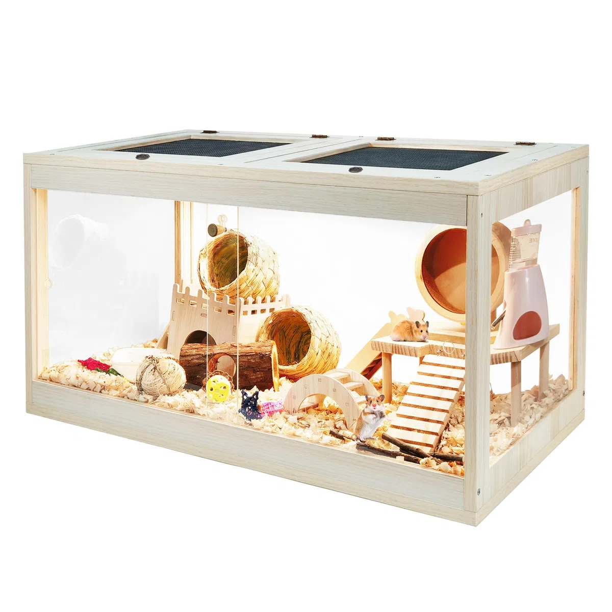 Prolee Hamsterkäfig Holz Kaufest Mäusekäfig Groß Hamsterkäfig Öffnen Dach mit Schiebetüren und Schloss Holzkäfig für Hamster Rennmäuse Maus 61.0 cm