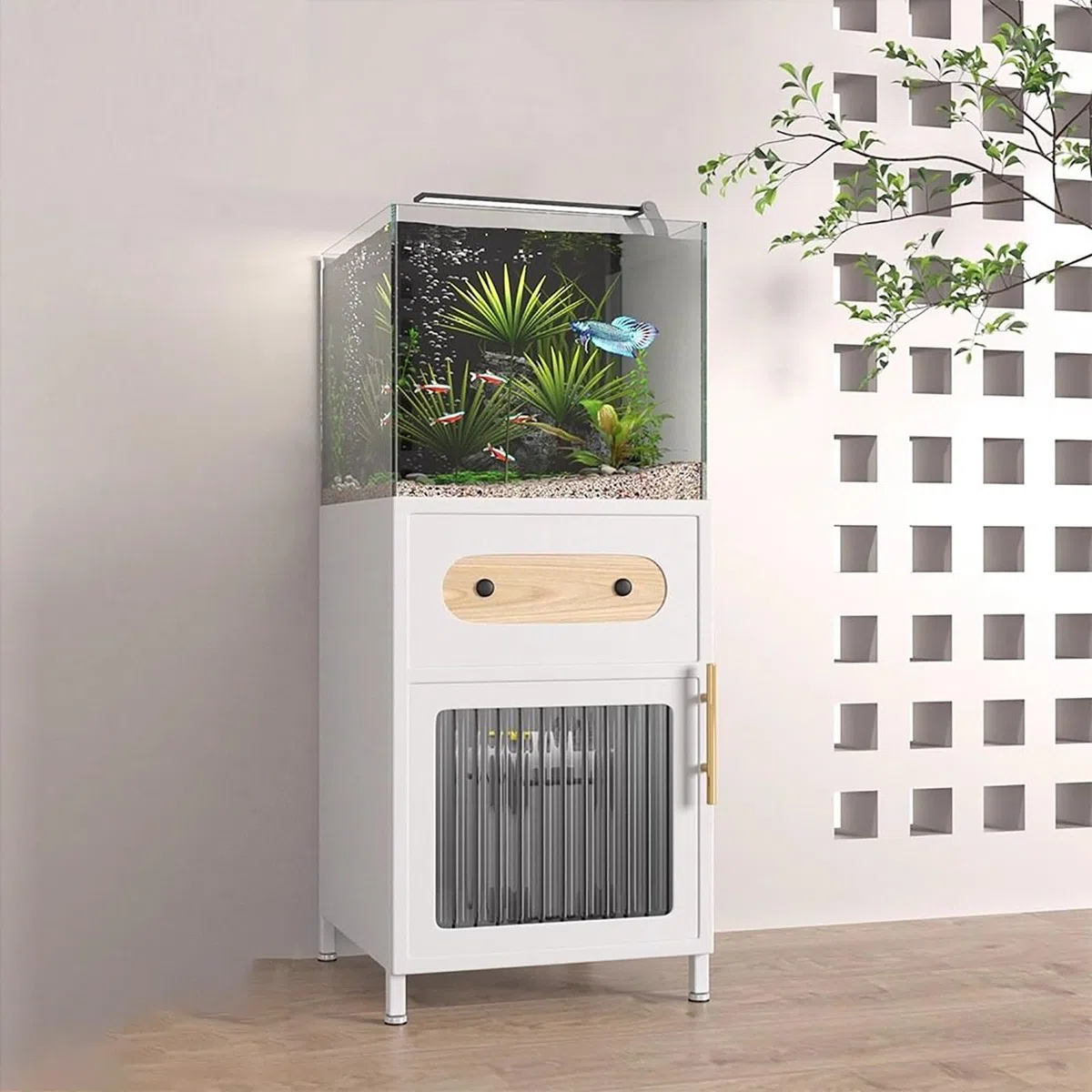 Aquarium Unterschrank 5–20 Gallonen, Metall Aquarium Schrank mit Schublade und Tür, Stauraum aus Karbonstahl, Ohne Montage, für Terrarium (Ohne Aquariums) black 45*25cm/17.7*9.8in