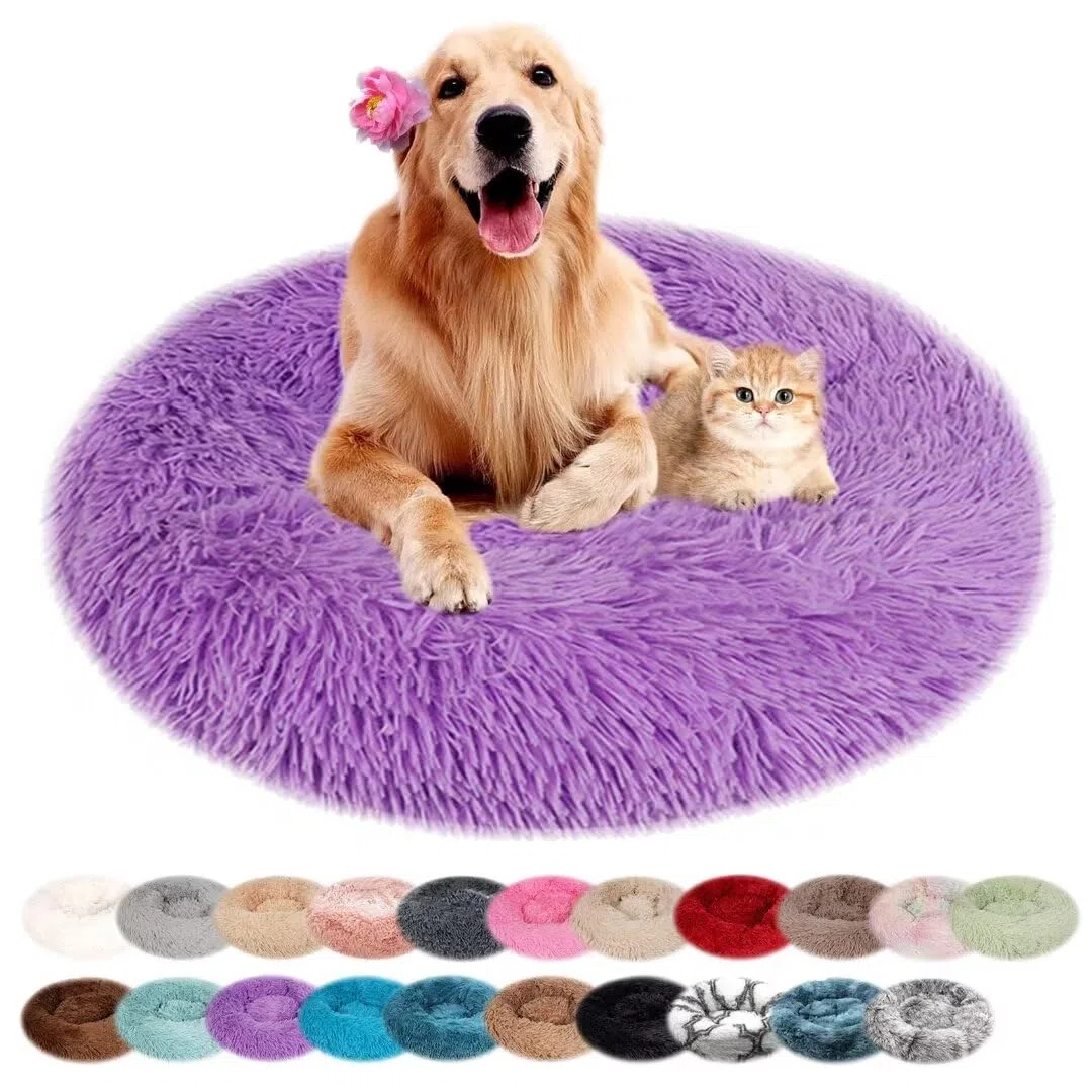 Hundebett Rund Katzenbett PlüSch Hundebetten Maschinenwaschbar Hundematte Hundekissen für Kleine Mittelgroße Grosse Hunde mit Rutschfestem Boden Lila 120cm
