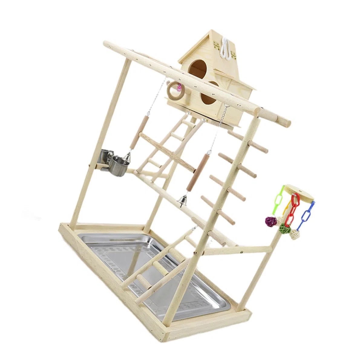 Interaktiver Vogelspielplatz mit DREI Ebenen, Sitzstangen und Leitern für optimale Bewegung Kleiner Vögel – ideal zum Klettern und Spielen.
