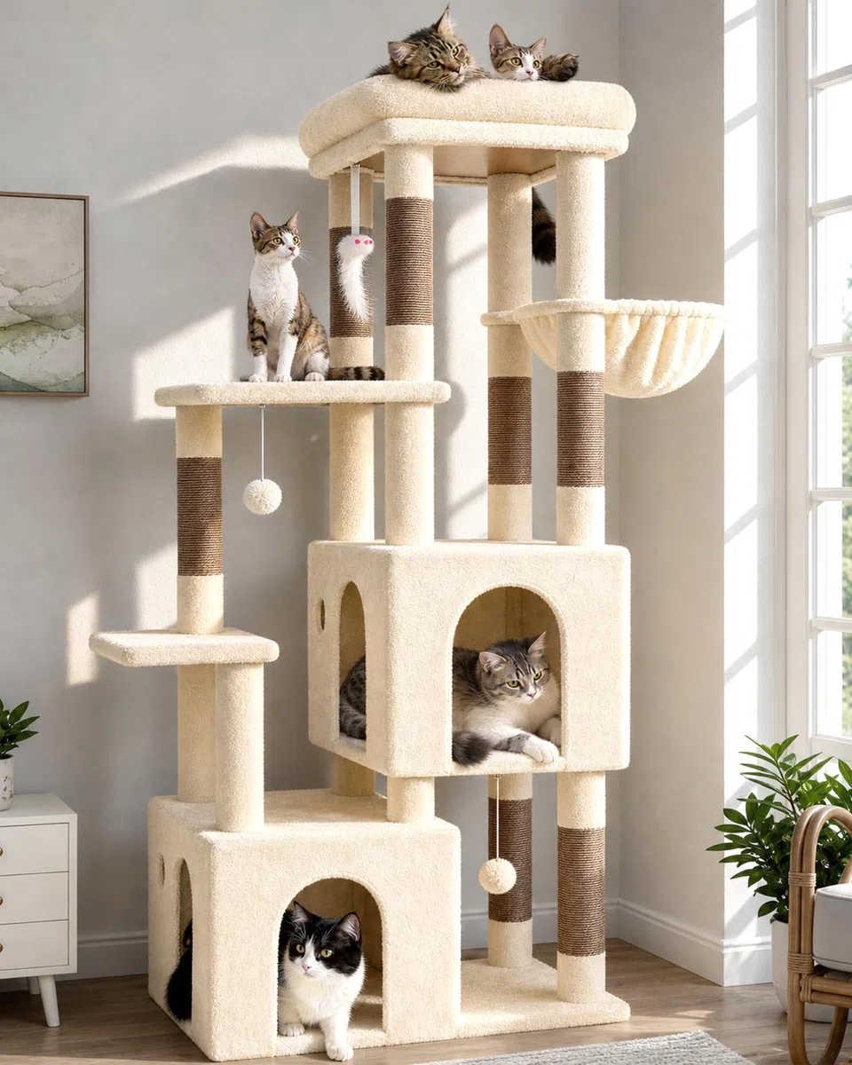 Globlazer Kratzbaum XXL Stabil für 2/3/4 Große Katzen Maine Coon 156 cm F61 | Katzenbaum mit 2 Extragroß Katzenhaus, Sisal Kratzsäulen, Einfach zu montieren, Robust Sicher, fur Kätzchen Schwere Katze