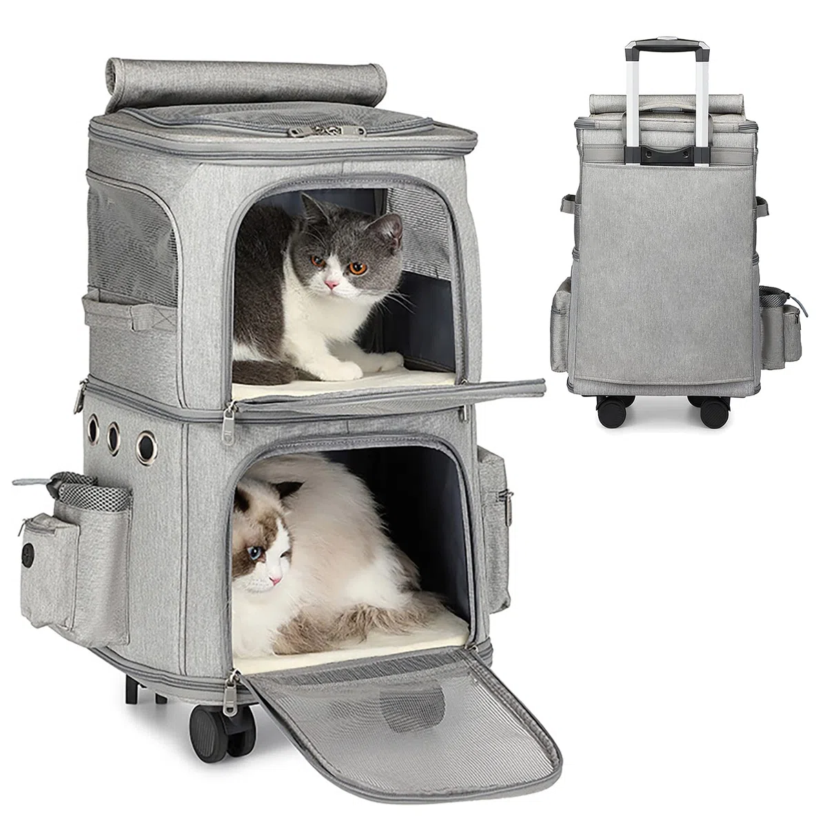 Doppelter Rucksack 2 in 1 für kleine Katzen und Hunde, Rucksack mit Rädern, Tragbare Haustier-Transporttasche, Einzigartiges und praktisches Design, Ideal für Reise/Wandern/Camping, Grau