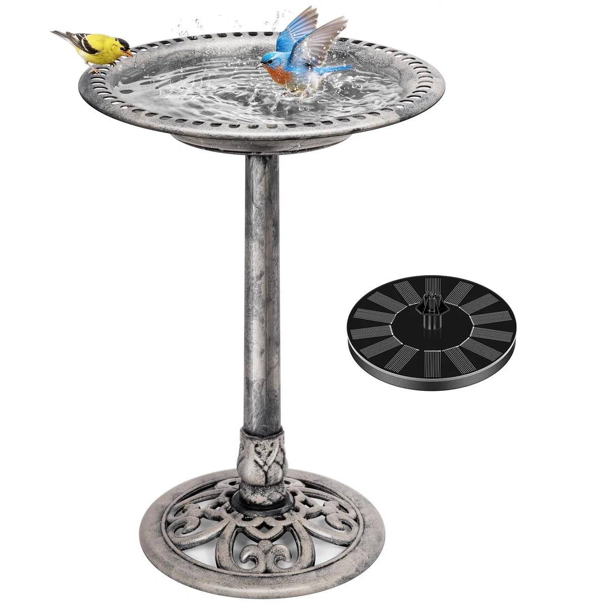 VIVOHOME Vogeltränke mit Solarbrunnen 2 in 1 Antike Vogelbad für Draußen Garten Vogelbecken Futter Schüssel für Wildvögel Wassertränke