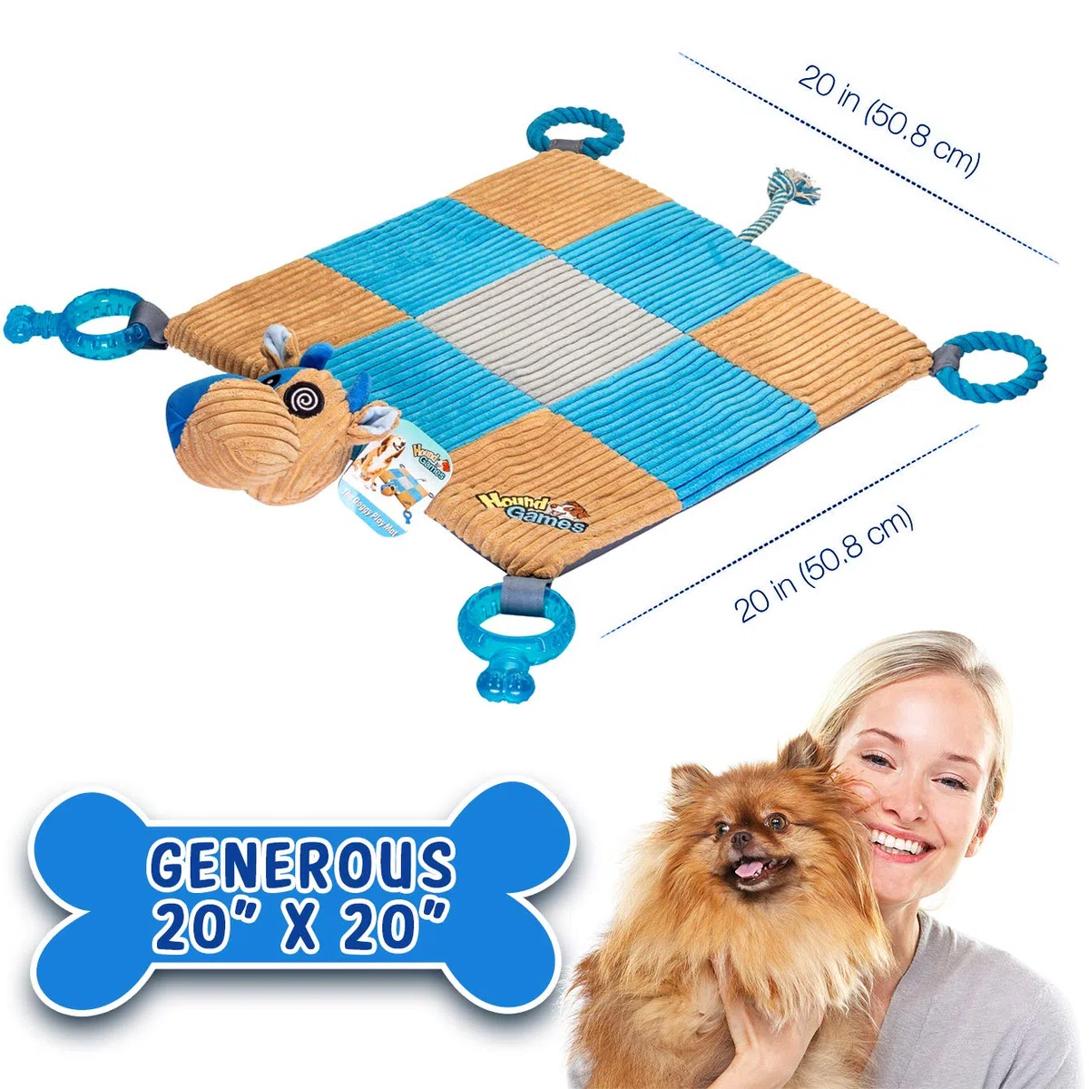 HOUNDGAMES Welpenspielzeugmatte mit Kauspielzeug zum Zahnen (50,8 x 50,8 cm) Seile, Quietscher, Plüschschaumbett, langlebig, Komfort und Spaß, All-in-One
