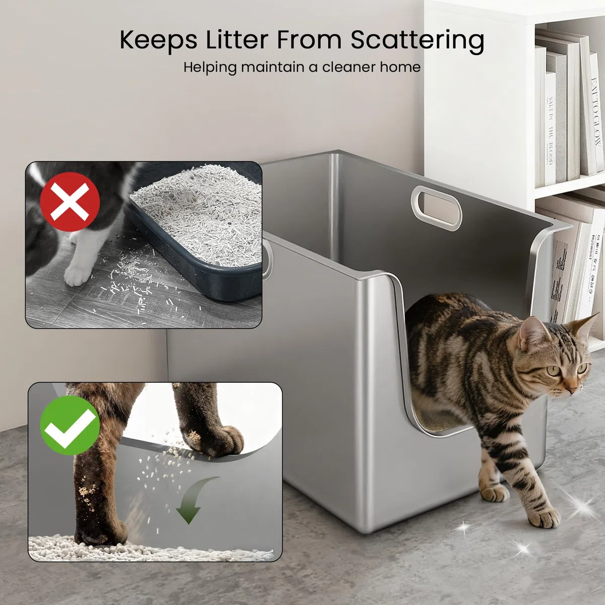 PTLOM Lebensmittelechtes Edelstahl Katzenklo Katzentoilette XL: 35cm Hohe Ränder Rostfrei,Auslaufsicher, Niedriger Einstieg für ältere Katzen + Rollen – Perfekt für Mehrkatzenhaushalte