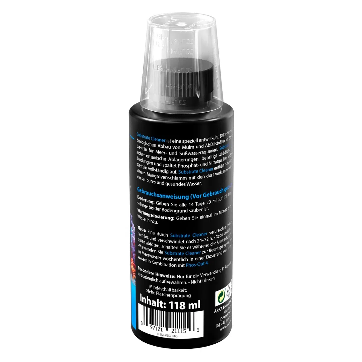 Bodengrundreiniger Aquarium 118 ml – biologischer Mulmabbau ohne Mulmglocke – entfernt Mulm, Futterreste & Schlamm – für Süß- & Meerwasser – ARKA Substrate Cleaner