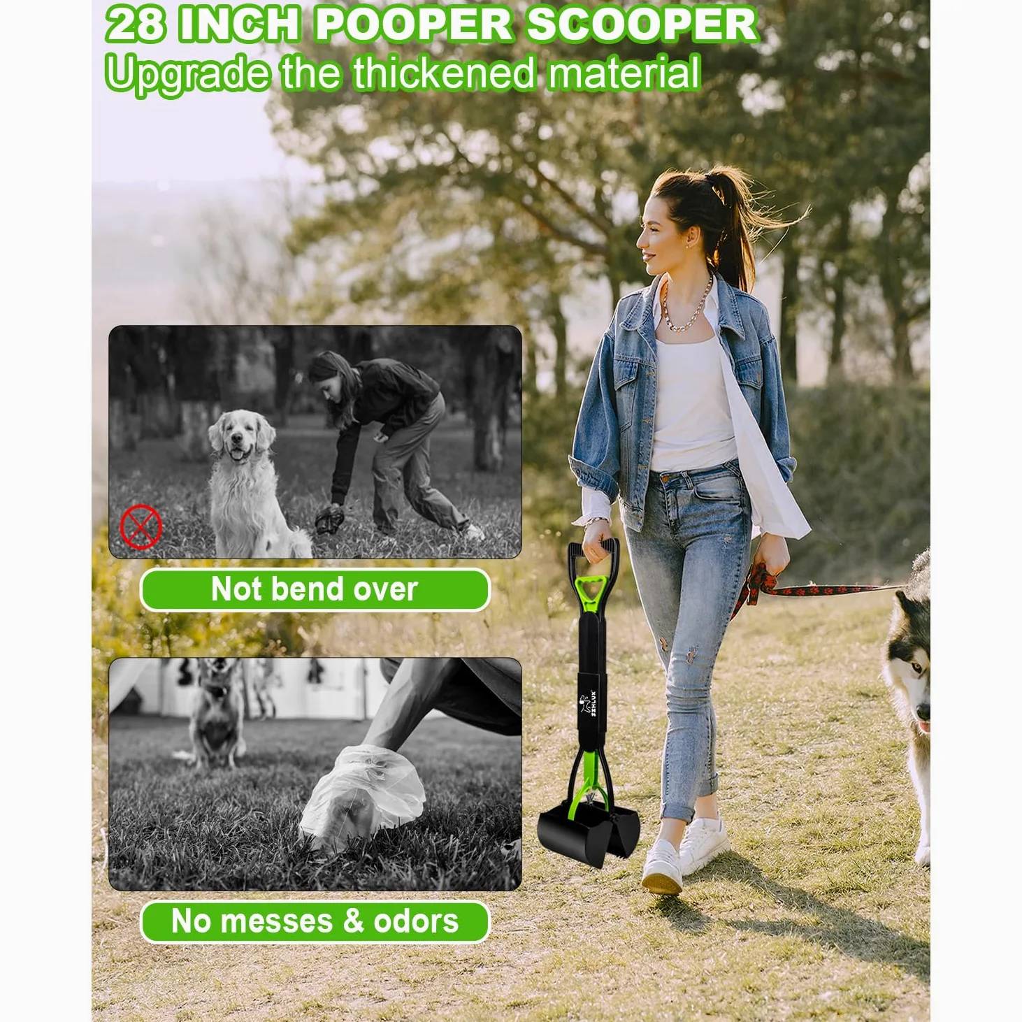SZHLUX 71,1 cm Pooper Scooper, Faltbare Hundekotschaufel mit unzerbrechlichem Material und langlebiger Feder für Gras und Kies, Grün