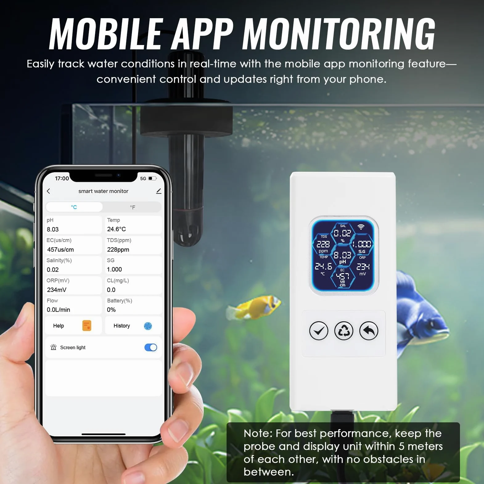 Smart 7-in-1 Aquarium-Wasserqualitätsmonitor mit WLAN, pH ORP TDS EC Salinity Temp Tester - Farbdisplay, App-Steuerung, Echtzeit-Benachrichtigungen, ATC, austauschbare Sonde, alle Tankgrößen