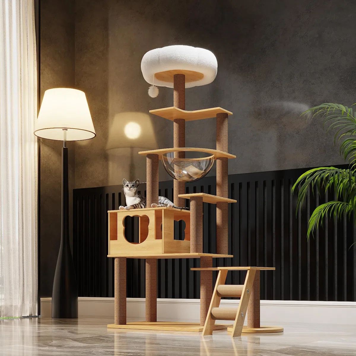 Kratzbaum für große Katzen 165cm-8-stöckiger Katzenbaum, Haus, transparente Raumkapsel, Plüsch-Sprungplattform, Spielzeugball, Krallenschleifende Sisalleiter（Holzfarbe）
