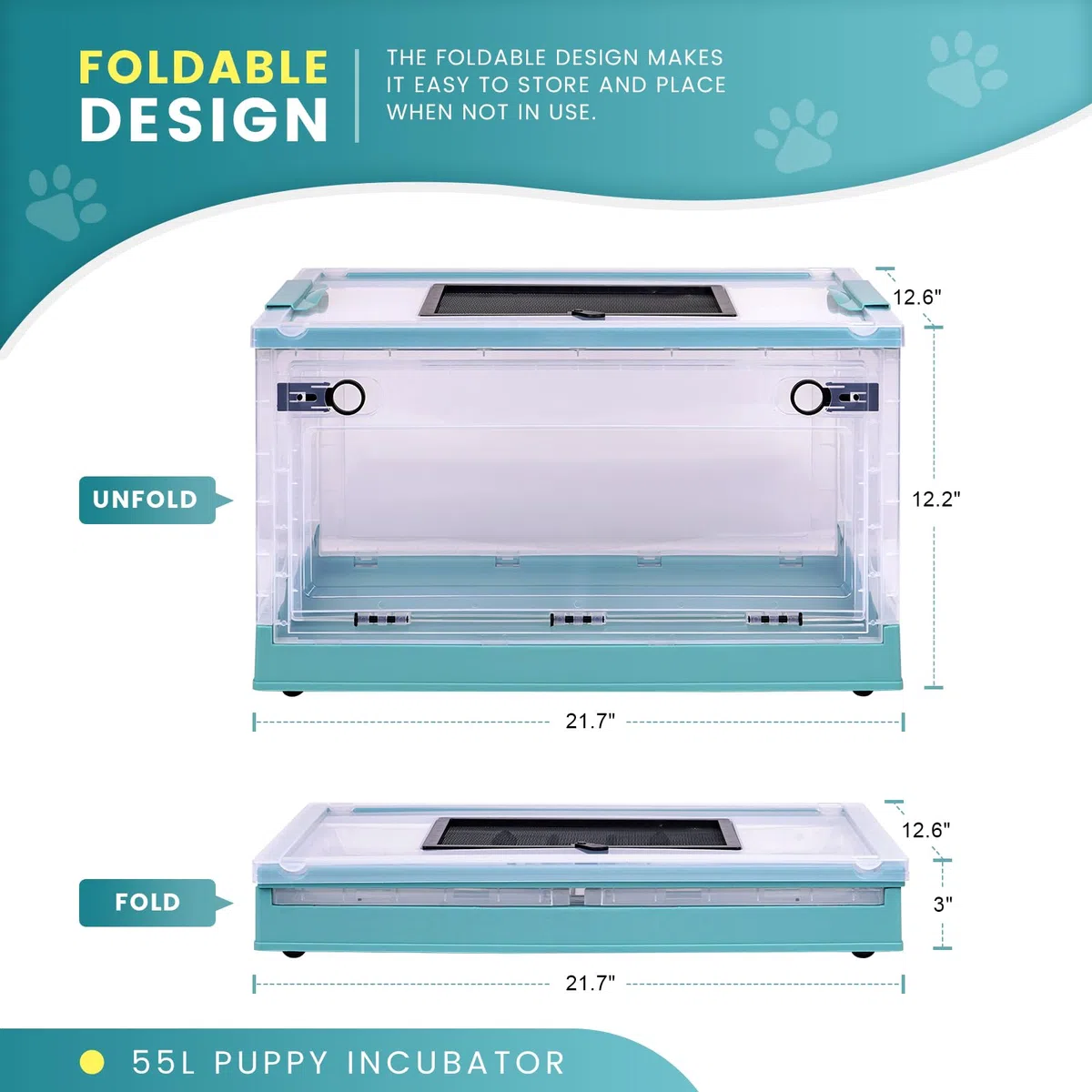 Inkubator für Welpen 55L klappbar Welpenbrutkasten Inkubator mit Welpenbett Heizung Matte Sauerstoff Vernebler Zubehör Inkubator für Neugeborene Welpen und Kätzchen