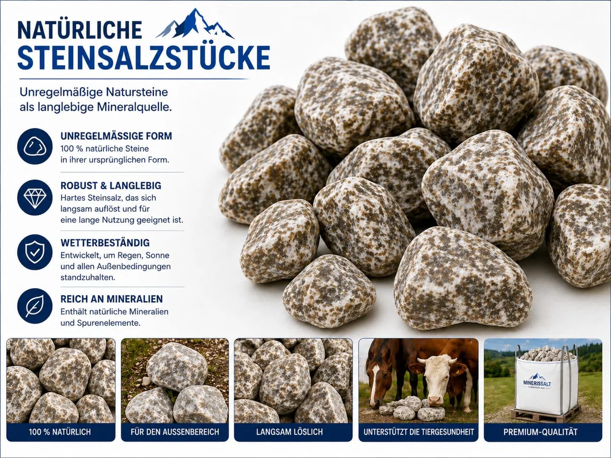 Premium Mineral-Leckstein für Nutztiere & Wildtiere – laborgeprüft für Rinder, Pferde, Schafe, Ziegen & Wild (1000 Kg, Ohne Aufhängeseil)
