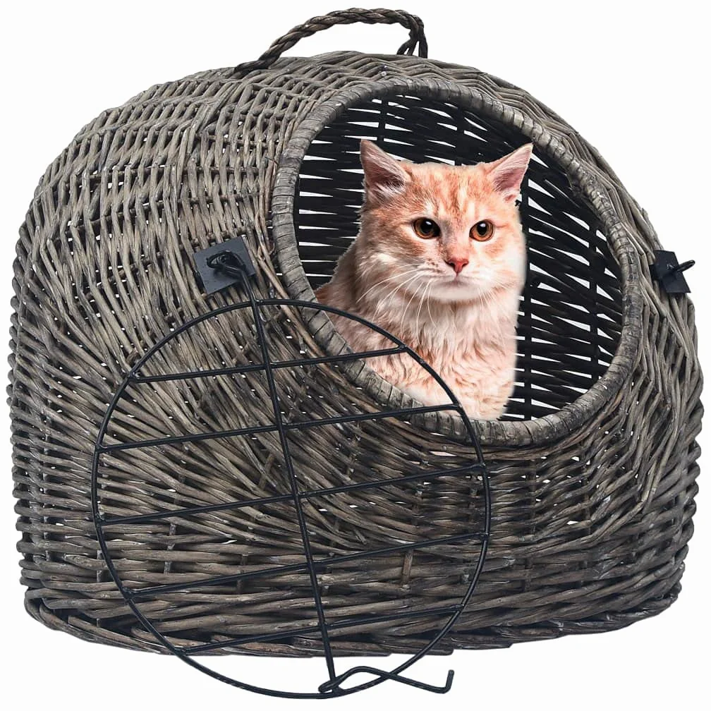 Katzen-Transportkorb Grau aus natürlicher Weide 60x45x45 cm mit Schlaufe, robuste Tür, transportabel und sicher für Katze, Welpe, Kleintier bei Reise, Tierarzt, Outdoor und Auto