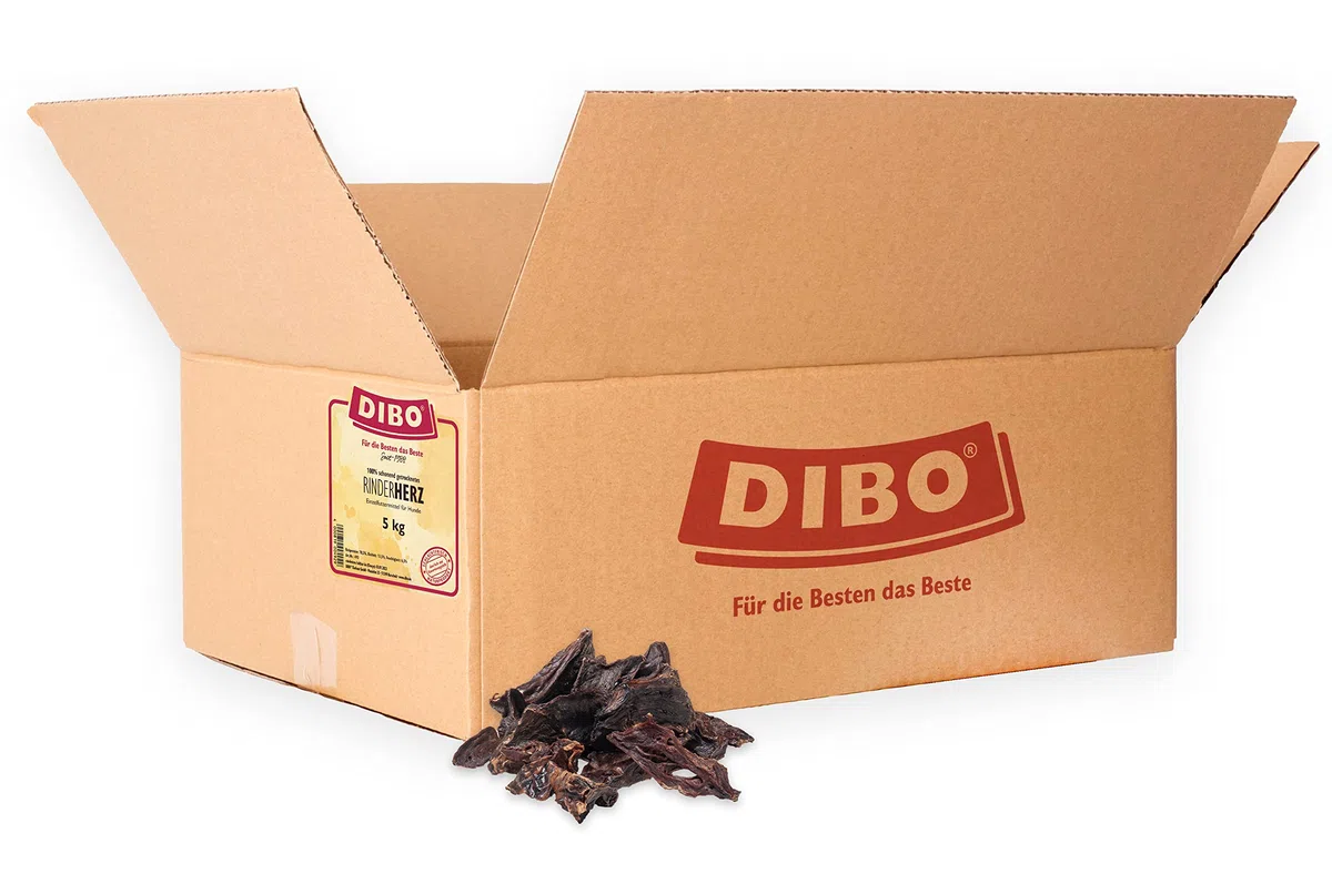 DIBO Herz, entfettet, 5kg-Karton, der kleine Naturkau-Snack oder Leckerli für Zwischendurch, Hundefutter, Qualitätskauartikel ohne Chemie