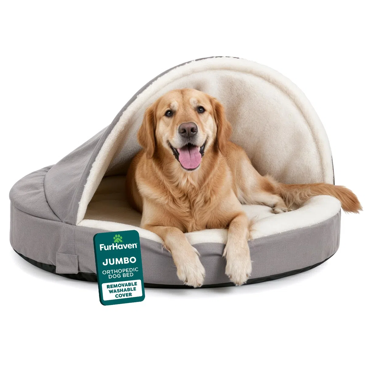Furhaven Orthopädisches Hundebett für große Hunde, rund, mit abnehmbarem, waschbarem Bezug, für Hunde bis zu 36,3 kg – Sherpa & Wildleder Snuggery – Grau, 111,8 cm