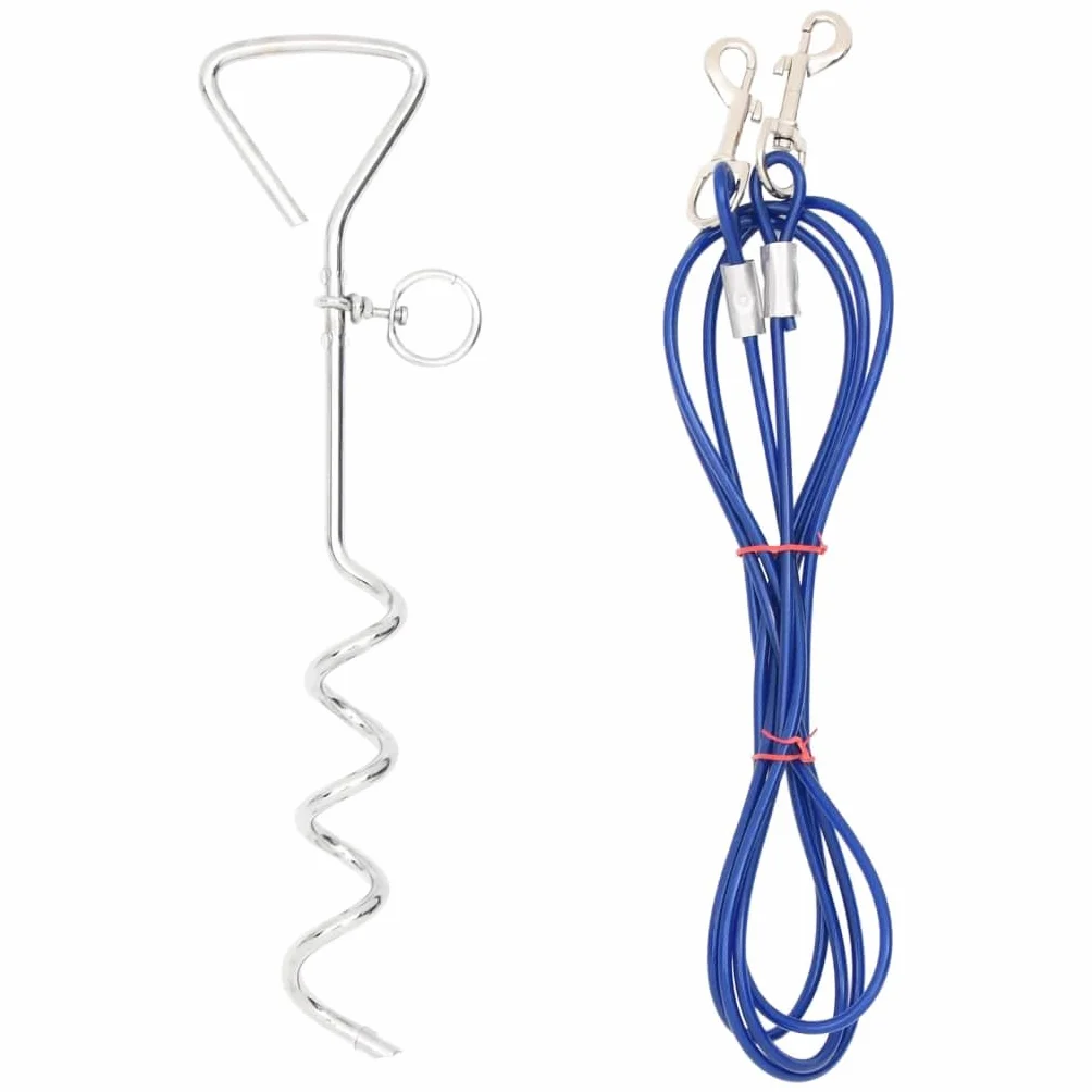 Hundeleine mit Pfahl 3 m, verzinktes Eisen und Stahldraht mit PVC-Beschichtung, blau, für kleine bis mittelgroße Hunde, Garten, Hof, Campingplatz, einfacher Bodenanker mit Karabiner
