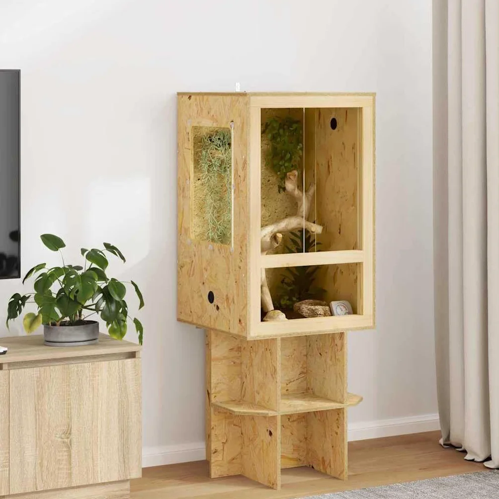 OSB-Terrarium Braun 50 x 50 x 80 cm, quadratisches Gehege für Reptilien und Amphibien mit robustem Glas und eingebautem Thermometer, langlebiges Innenhabitat
