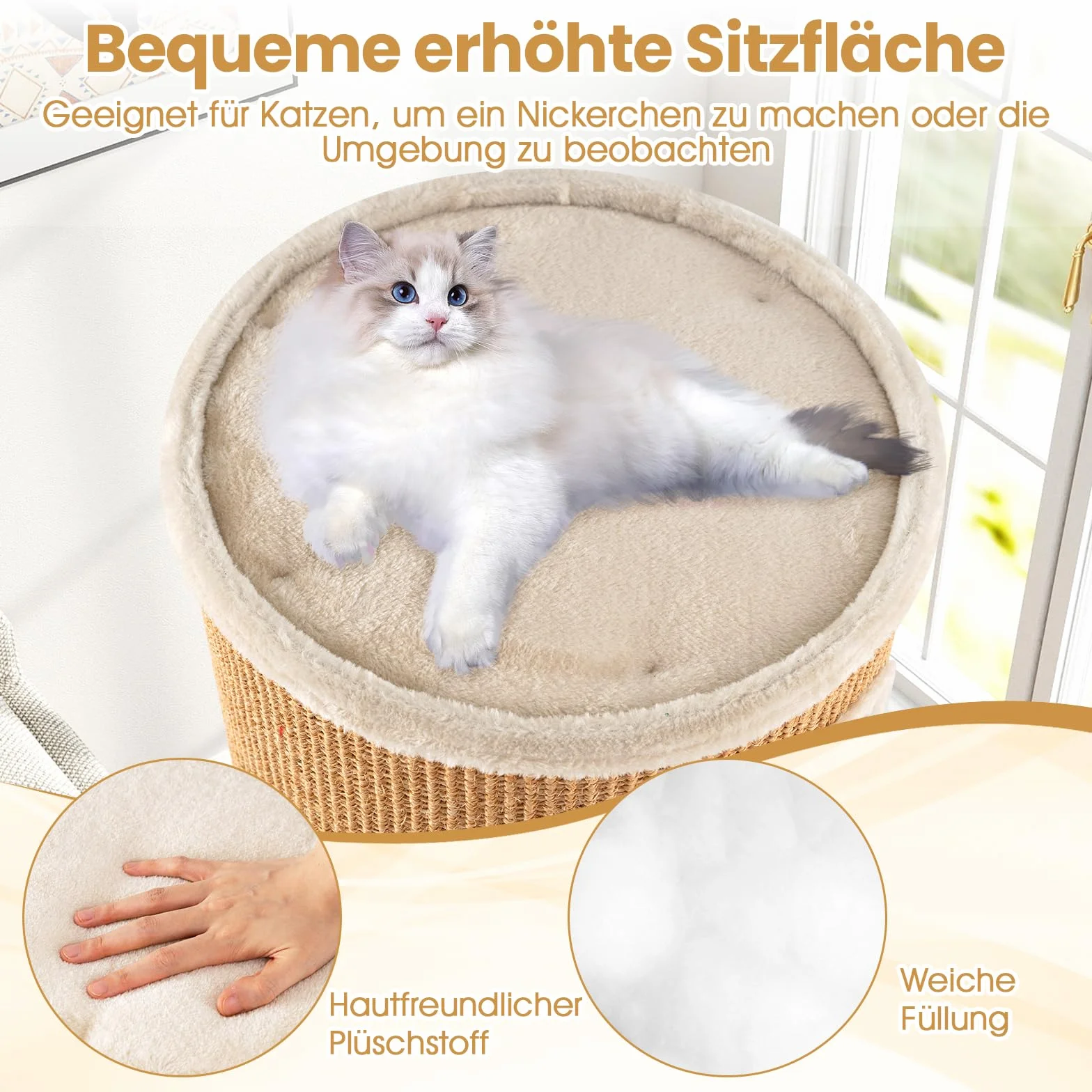 GOPLUS Kratztonne 3 Ebenen, 60 cm Katzentonne mit 3 Höhlen, Plüschbett, Liegefläche & Sisal-Kratzbrett, Kratzbaum für kleine & mittelgroße Katzen, Katzenkratzbaum, Ø 36 cm (60 cm,Hellbraun)