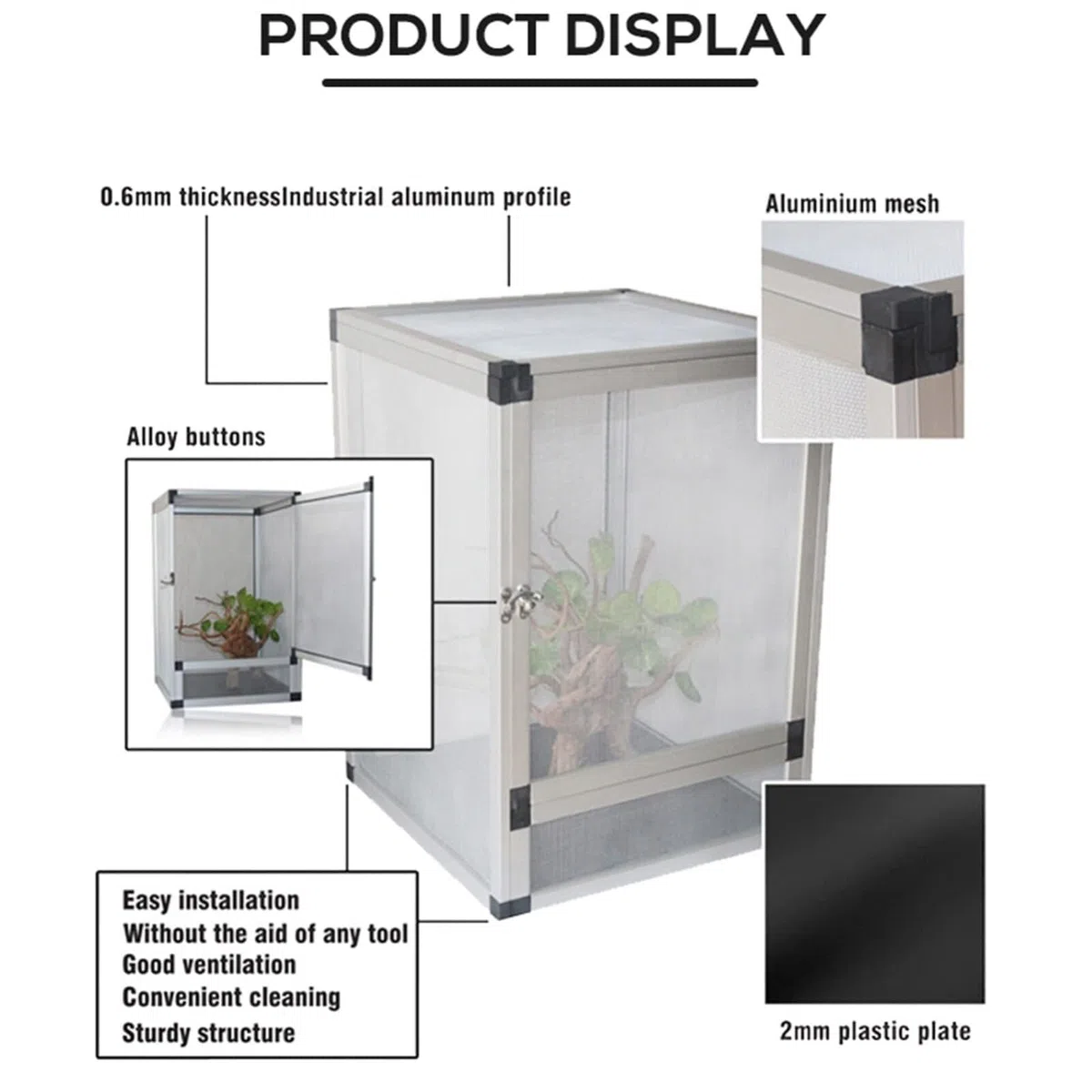 Reptilien Aufzuchtbox Reptilien-Lebensraum-Bildschirm, Fütterungskäfig, Insektenbox, Aluminium Reptile Zuchtbox(Black)