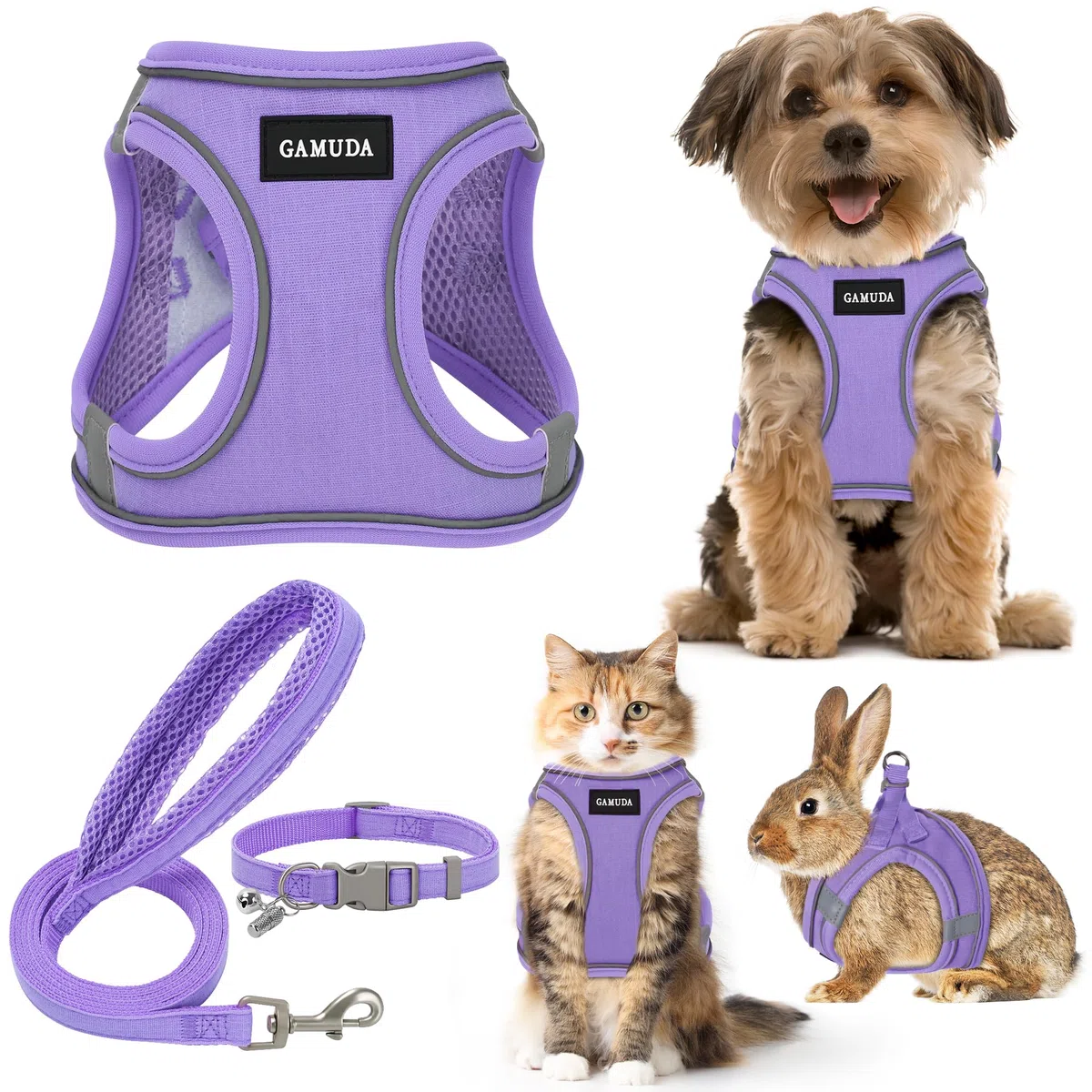 GAMUDA Hundegeschirr für kleine Haustiere, Halsband und Leine, kein Ziehen, Leinen-Stoff, weiches Netzgewebe, reflektierend, für Hunde, Welpen, Katzen, Kätzchen, Kaninchen (Lila, XXS