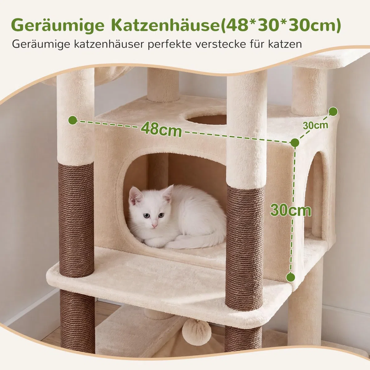 Globlazer Kratzbaum Stabil Beige mit Große Loungebereich für 2/3 Katzen S56 | Katzenbaum 143cm Platz Spare Geeignet für Wohnzimmer Schlafzimmer Wohnung mit Katzenhäuse Hängematte für Große Katzen Innen