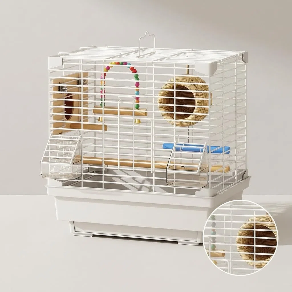 Vogelbehausung groß für Sittiche, Metall mit Panoramablick, für Zuhause, Paket C (Käfig, Sitzstange, Schublade, Bodengitter, Futterbox, Wasserbox, Brutkasten, Grasnest, Schaukel), L-Groß