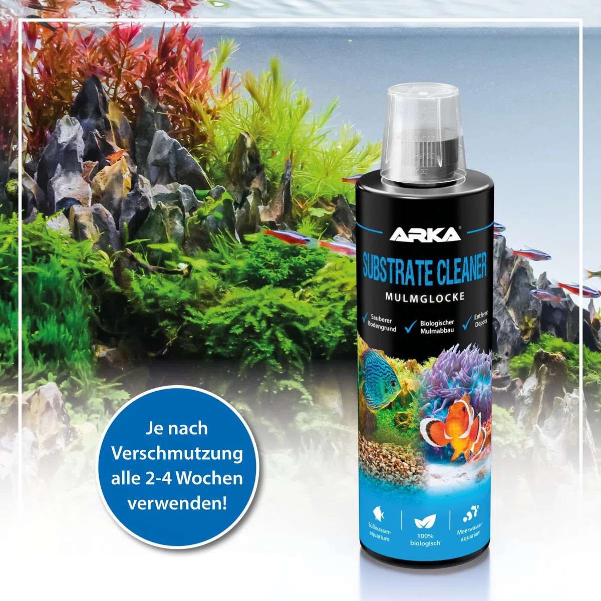 Bodengrundreiniger Aquarium 118 ml – biologischer Mulmabbau ohne Mulmglocke – entfernt Mulm, Futterreste & Schlamm – für Süß- & Meerwasser – ARKA Substrate Cleaner
