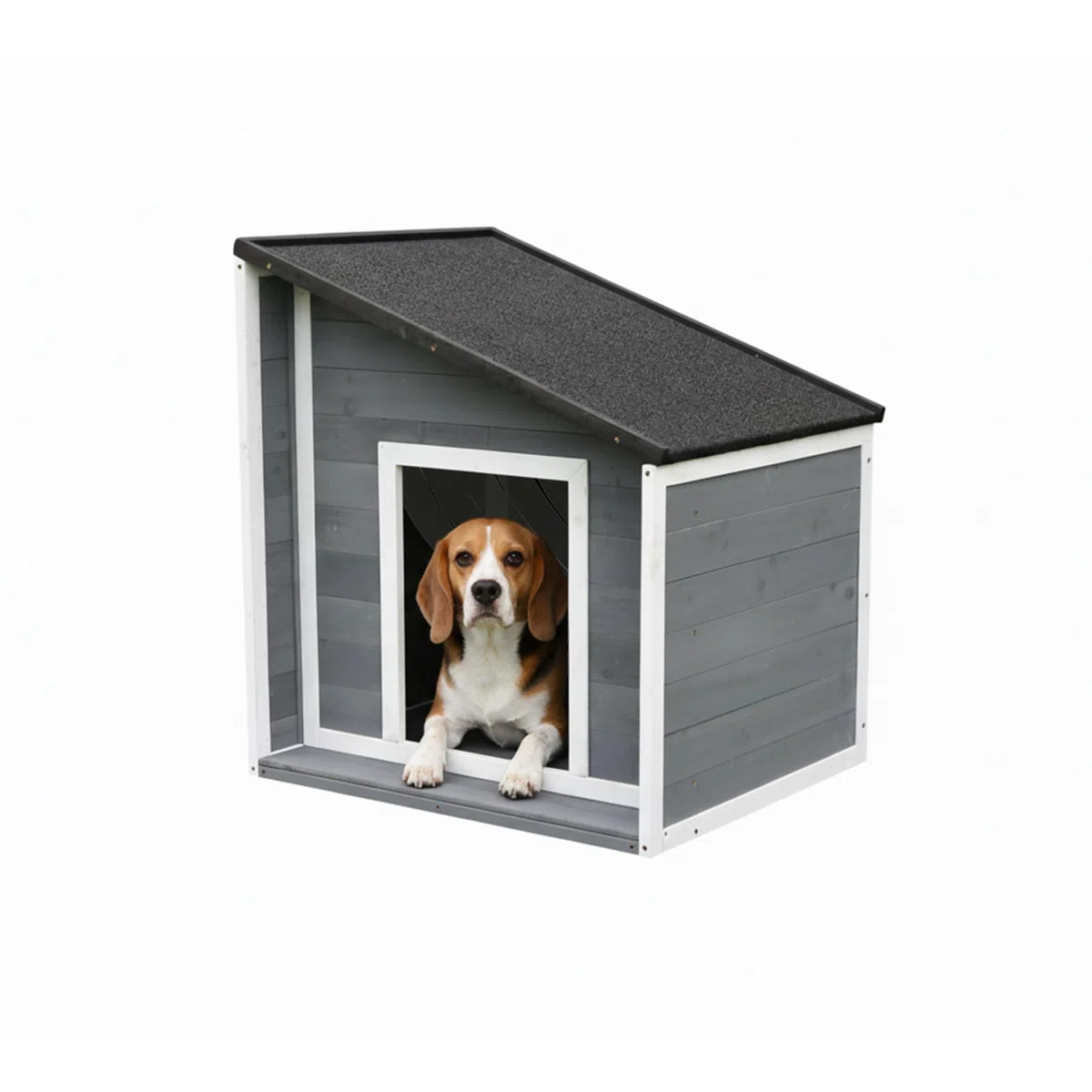 Relaxdays Hundehütte, Holz, wetterfest, klappbares Schrägdach, Hundehaus für kleine Hunde, HBT: 77x71x58 cm, grau/weiß