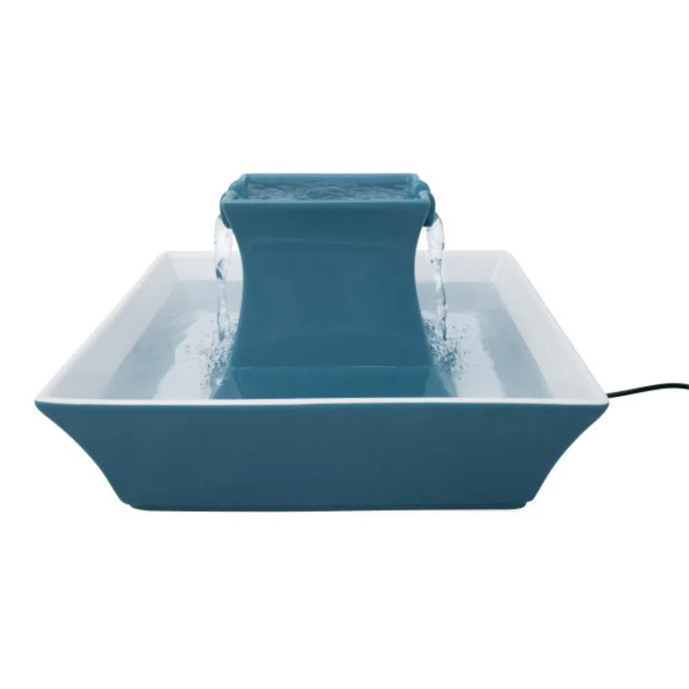 PetSafe Drinkwell Pagoda Trinkbrunnen, 2L, Blau | Keramik, Erhöhte Schüssel, Wasserfall-Design, Trinkstation für Haustiere