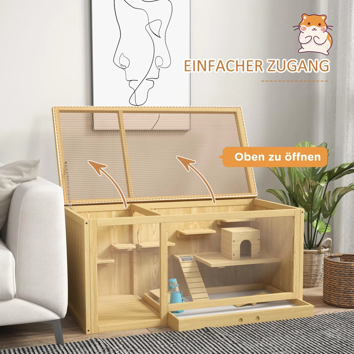 PawHut Hamsterkäfig aus Holz mit Klappdeckel Zubehör 100 x 50 x 50cm Natur | Nagerkäfig, Kleintierkäfig, Schaukeln, Leitern, Futternapf, Holzkäfig, Käfig für Hamster Zwerghamster Rennmaus