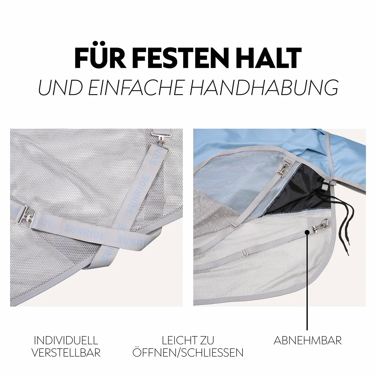 SUNRIDE Regen- Fliegendecke 0g für Pferde (Oslo) - 1200D - mit abnehmbarem Halsteil - 100% wasserdicht - 3.000mm Wassersäule (blau/grau, 145cm)