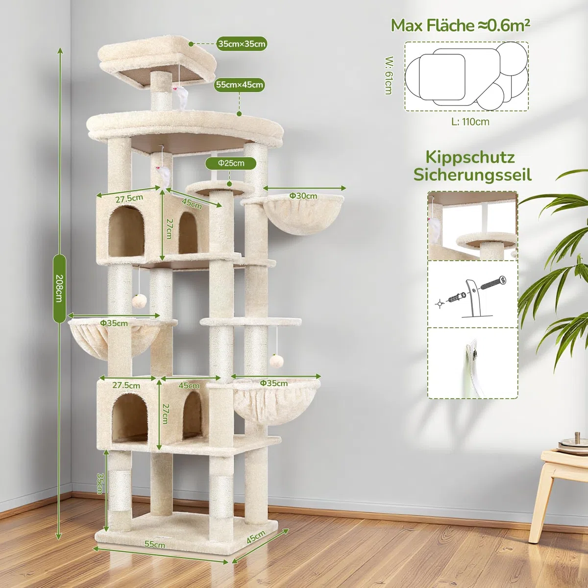 Globlazer S82 Kratzbaum Beige Groß XXL Stabil 210cm für Mehrere Groß Katzen | Luxus Katzenbaum mit mit 2 Katzenhaus, Große Plattform, 3 Korb, Sitzstangen, für 3-5 Große Katze Ausruhen Spielen Kratzen