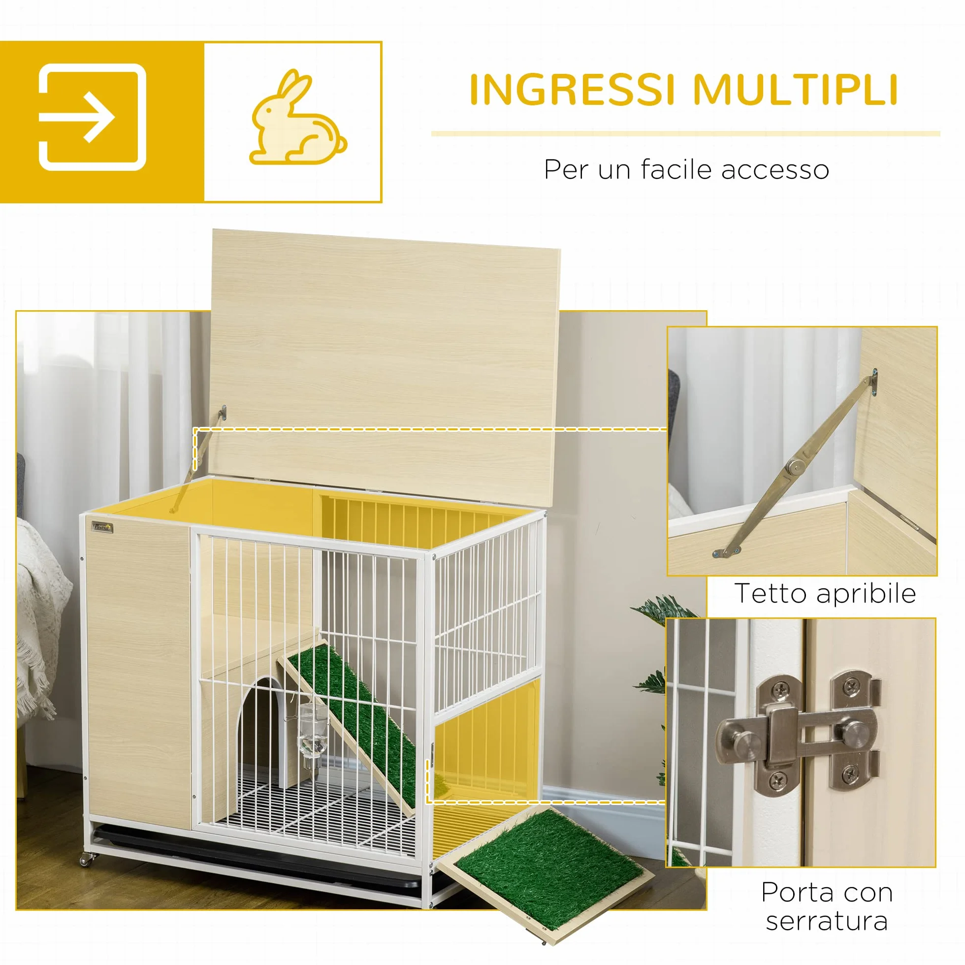 PawHut Kaninchenkäfig auf Rollen, Schiebedach, Plattformen mit abnehmbarem Tablett – 78 x 52,5 x 76,5 cm, Natur
