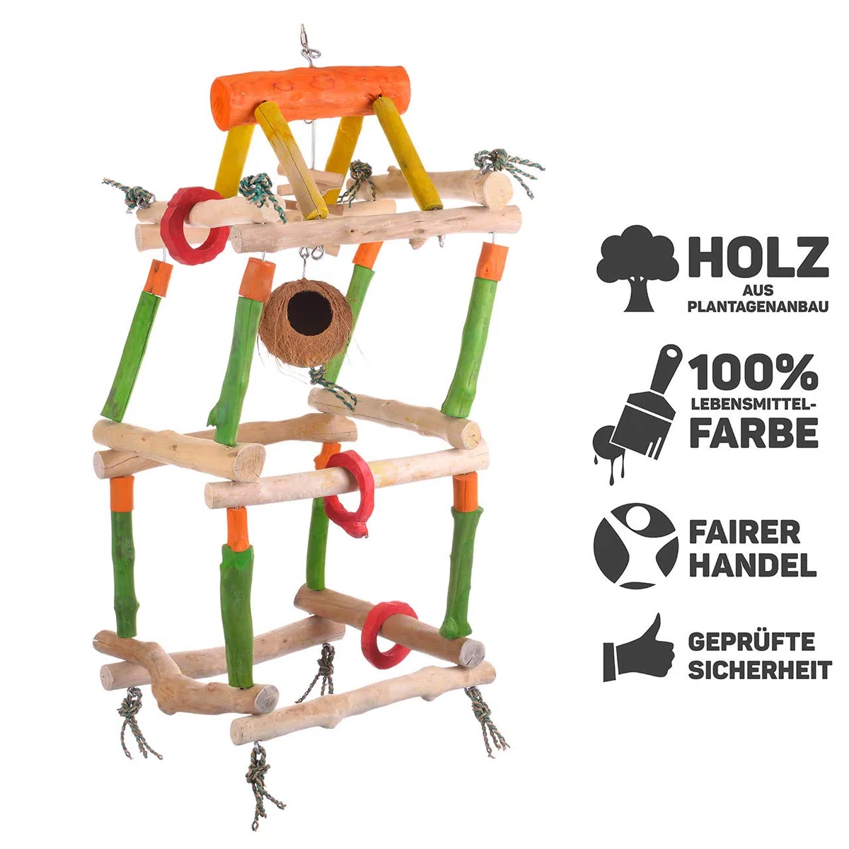 Java | Papageienspielzeug Gym-Tower XL - als Hängefreisitz für Papageienaus hartem Kaffeeholz