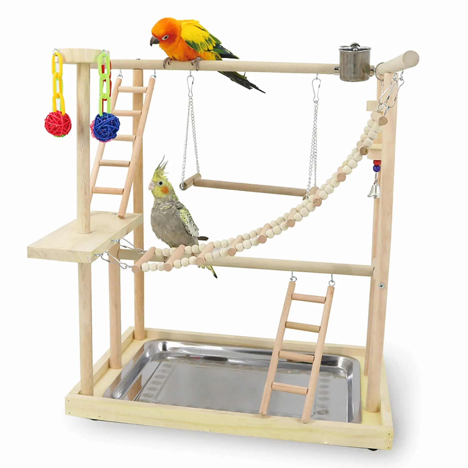 Vogel-Spielständer aus Holz mit Leitern, Schaukel, Kauspielzeug & Futternäpfe für Papageien, Nymphensittiche, Sittiche, Sittiche, Sittiche, Sittiche, Fitness-Studio für kleine bis mittelgroße Vögel