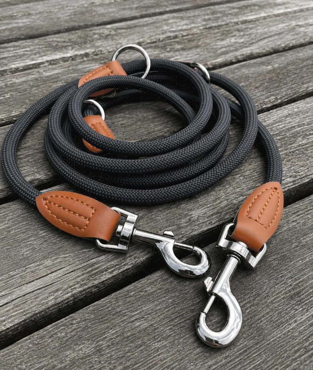 Leisegrün Nylon Hundeleine 3m Große Hunde - Verstellbar, 2 Karabiner | Führleine, Freihandleine & Umhängeleine | Paracord & Wasserfest | Farbe: Schwarz