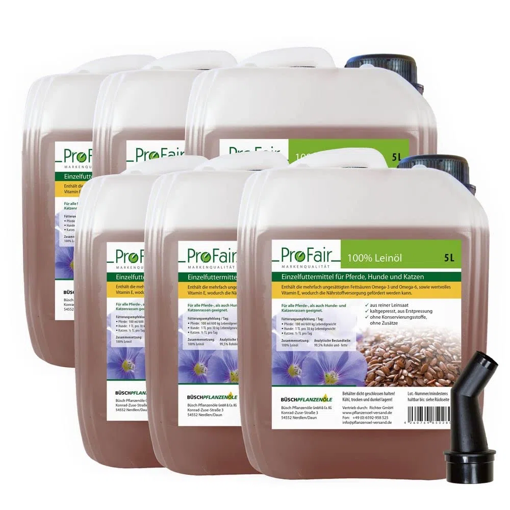 Leinöl 30 Liter (6 x 5L) kaltgepresst für Pferd, Hund, Katze | 100% aus reiner Leinsaat, ohne Zusätze, Einzelfuttermittel