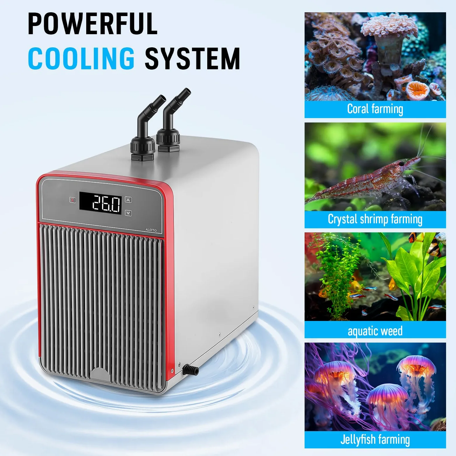 Aquarium Durchlaufkühler 160L, Wasserkühler Aquarium Spezielle Leise Design für Fischbecken Wasserkraut Quallen Süß- / Salzwasser-Wasserpflanzen, Aquarium Chiller mit Pumpe, Schlauch und Haltering