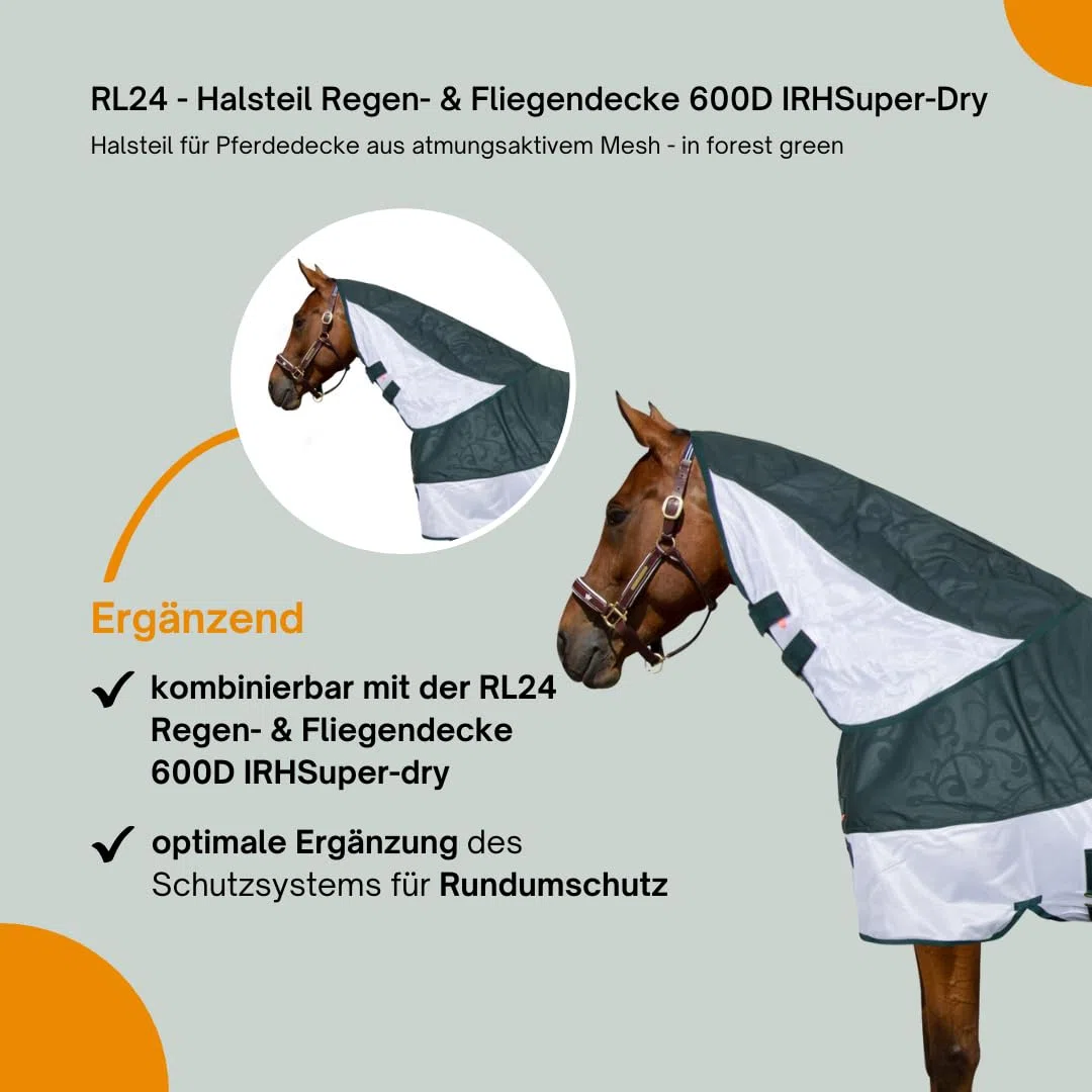 RL24 - Halsteil Regen- & Fliegendecke 600D IRHSuper-Dry – Halsteil für Pferdedecke aus atmungsaktivem Mesh – Schutz vor Insekten – doppelter Klettverschluss – in Forest Green – Größe M