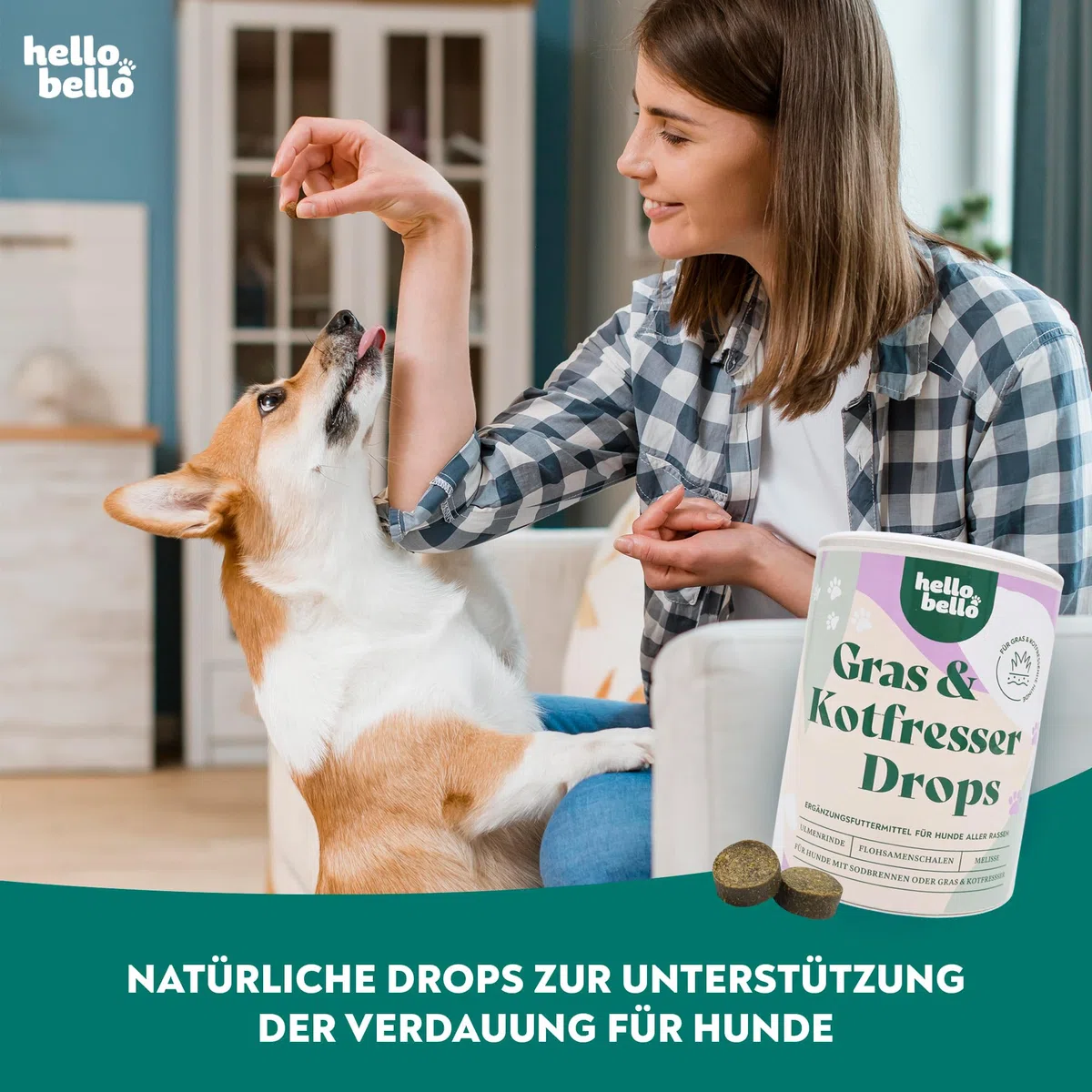 HELLOBELLO kaltgepresste Gras- & Kotfresser Drops für Hunde 1x350g Soft mit Ulmenrinde - getreidefrei, Flohsamenschalen, Melisse, Kamille und Pflanzenkohle - gegen Sodbrennen und Grasfressen