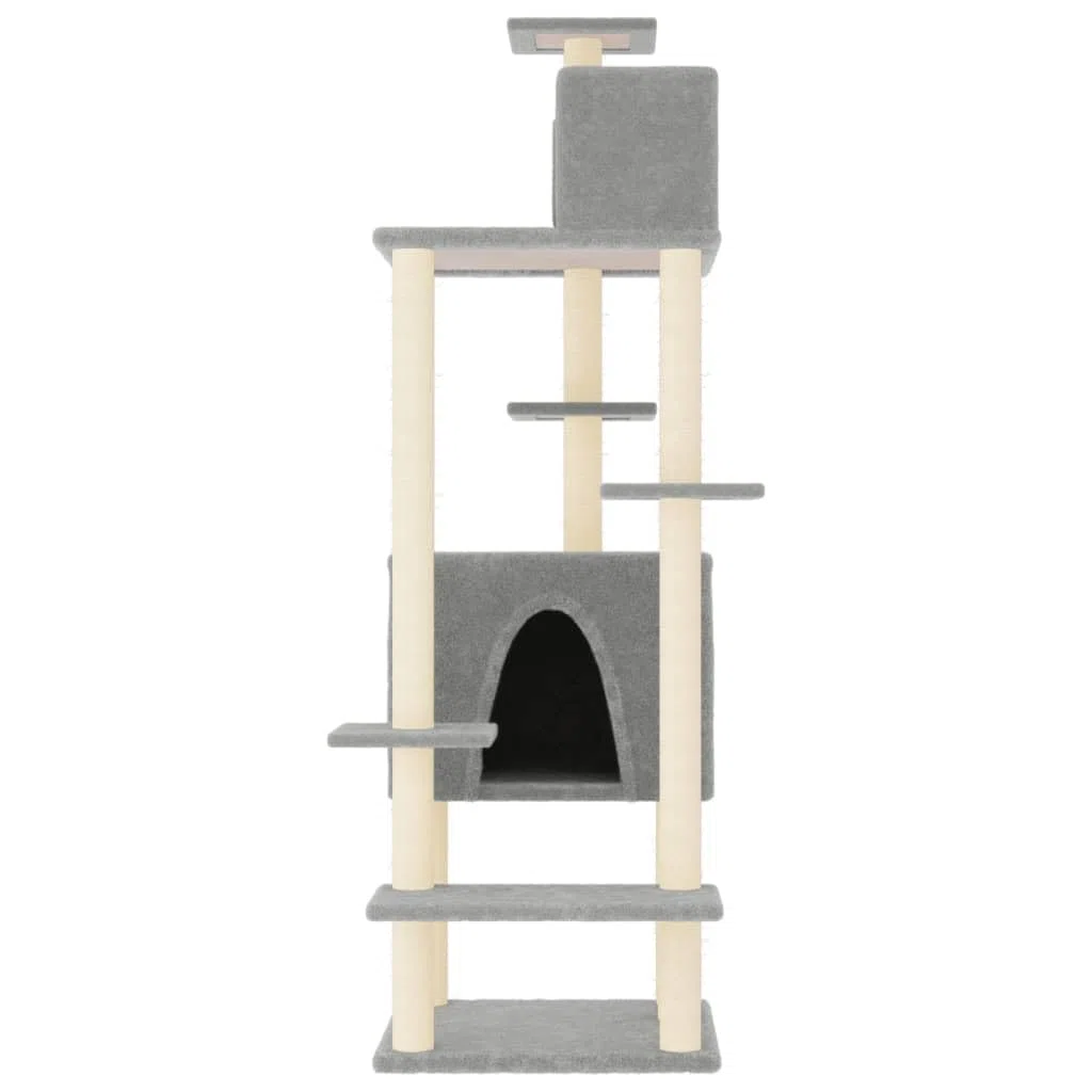 Kratzbaum mit Sisal-Kratzsäulen Hellgrau 154 cm Stabiler Kletterturm mit Hängematte, Höhle und Liegefläche für Katzen in Wohnung, mit Holz, Plüsch, Kratztonne, Deckenspanner