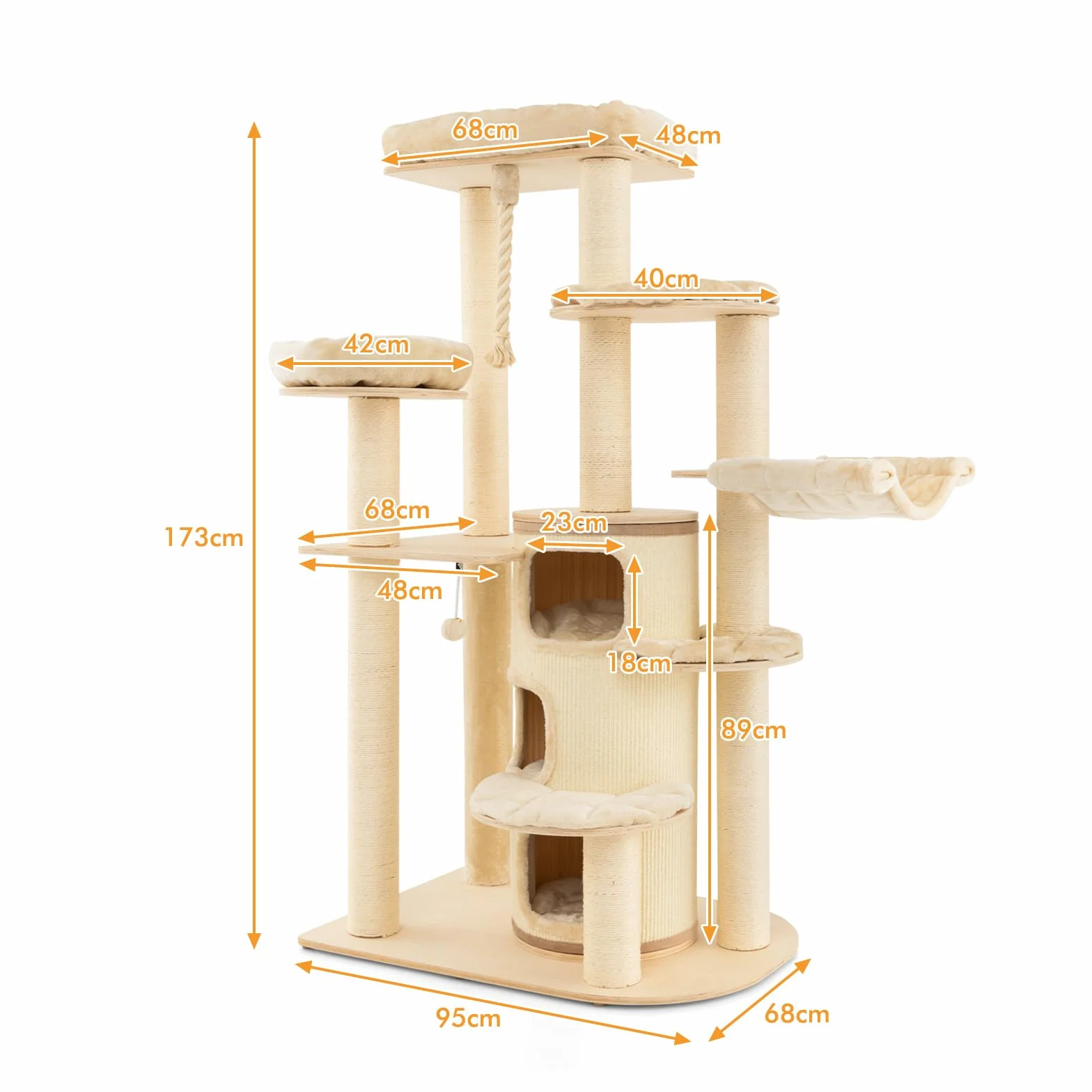COSTWAY 173cm Kratzbaum Holz, Katzenbaum Groß, Katzenkratzbaum mit Katzenhöhle, dicken Stämmen, Matten, Ball & Sisalseil, Aktivitätsbaum mit Kratztonne, Katzenmöbel Kletterbaum Katzenhaus (Beige)