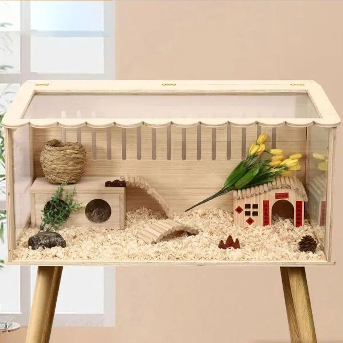 Gralara Hamsterkäfig Holz, Häuschen Holz Hamsterhaus, Hamsterhaus Holz Hamster Versteck Käfig Deko Zubehör, Kleintier Gehege Nistkasten Brutbox mit Fenster für Mäuse Chinchillas Vögel, 60 x 30 x 30cm