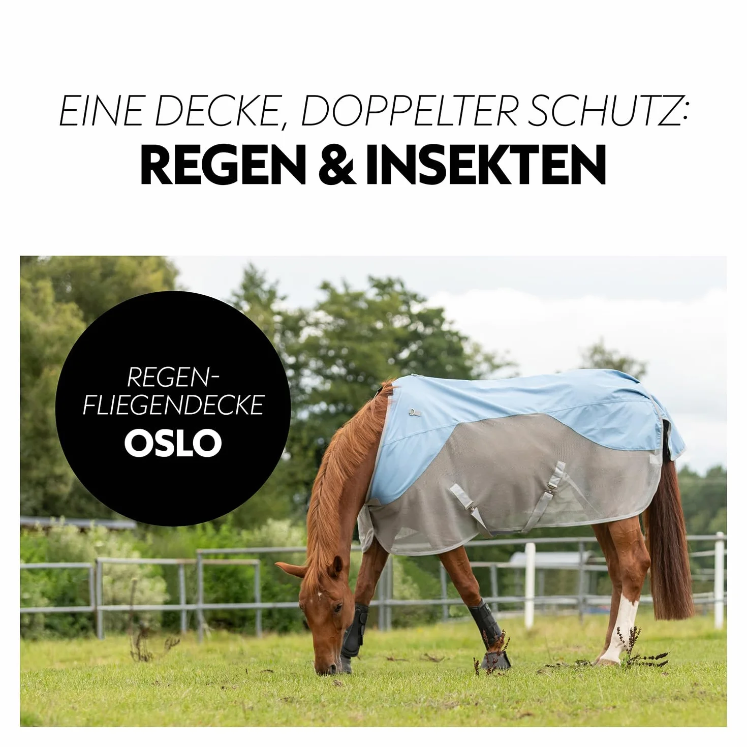 SUNRIDE Regen- Fliegendecke 0g für Pferde (Oslo) - 1200D - mit abnehmbarem Halsteil - 100% wasserdicht - 3.000mm Wassersäule (blau/grau, 145cm)